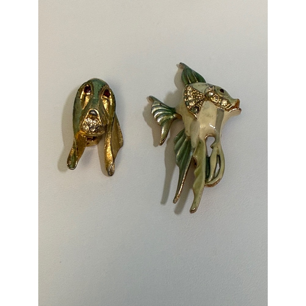 Vintage BSK Brooch Set Gold Green Basset Hound Dog & Angelfish Rhinestone Enamel
